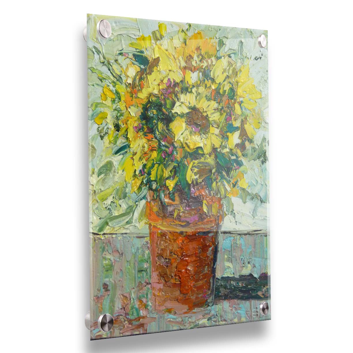 An expressive painting of an orange clay pot full of yellow sunflowers. Printed on acrylic.