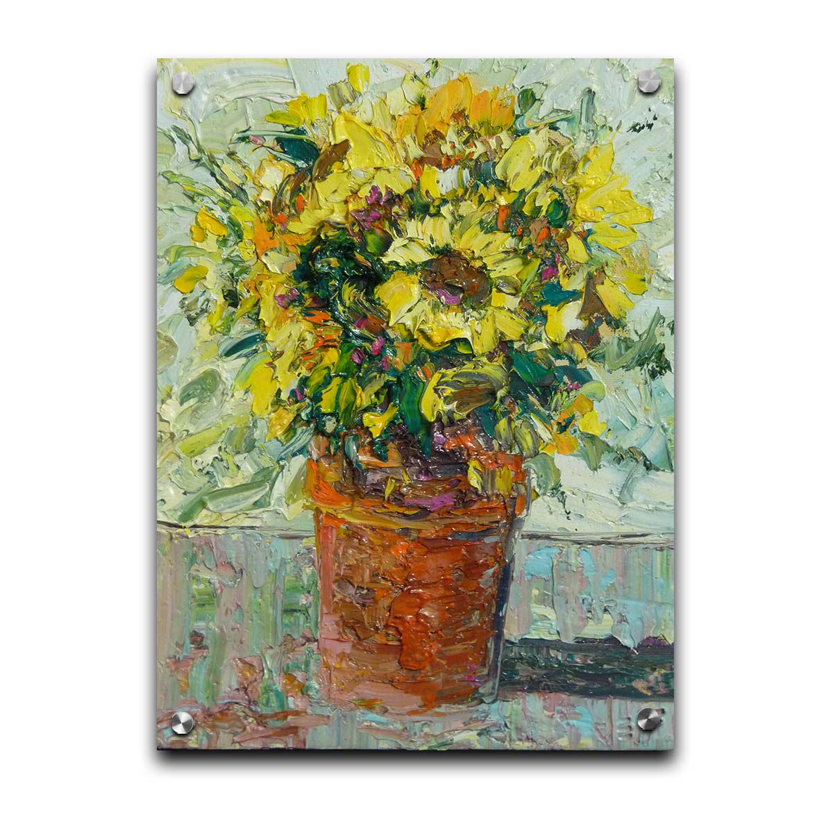 An expressive painting of an orange clay pot full of yellow sunflowers. Printed on acrylic.