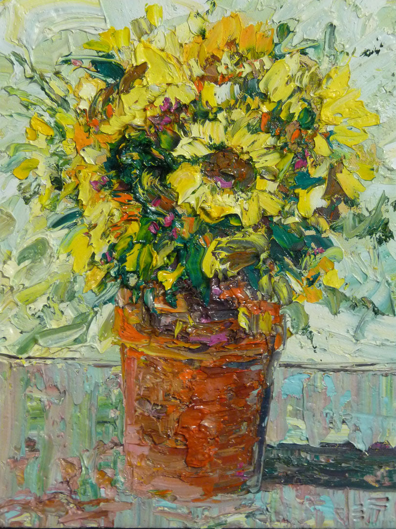 An expressive painting of an orange clay pot full of yellow sunflowers.