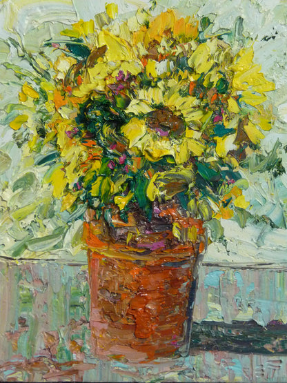 An expressive painting of an orange clay pot full of yellow sunflowers.