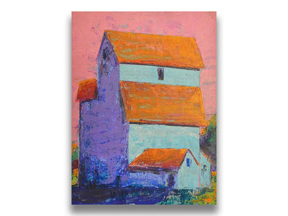 A painting of a tall white farm building with orange roofs against a pink sky. Printed on canvas.