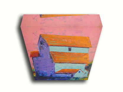 A painting of a tall white farm building with orange roofs against a pink sky. Printed on canvas.