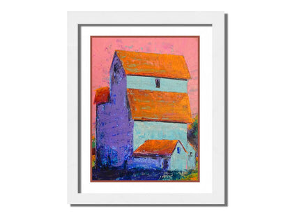 A painting of a tall white farm building with orange roofs against a pink sky. Printed on paper, matted, and framed.