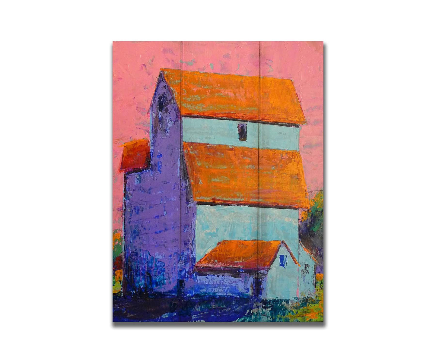 A painting of a tall white farm building with orange roofs against a pink sky. Printed on a box board.