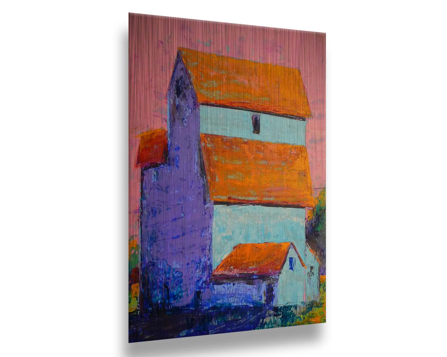 A painting of a tall white farm building with orange roofs against a pink sky. Printed on metal.