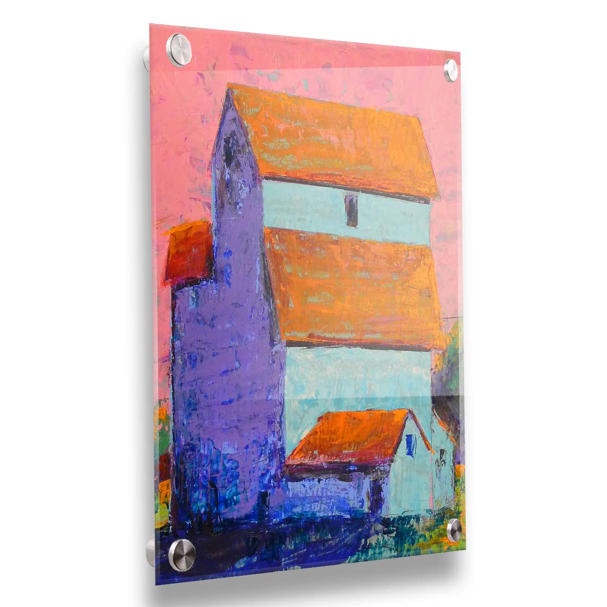 A painting of a tall white farm building with orange roofs against a pink sky. Printed on acrylic.