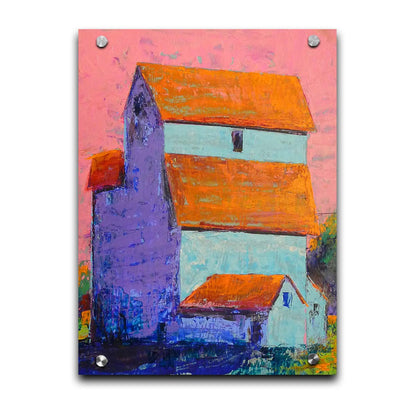 A painting of a tall white farm building with orange roofs against a pink sky. Printed on acrylic.