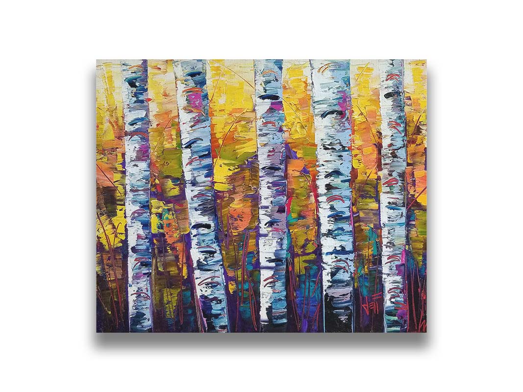 A painting of a birch forest with a bright, colorful background of yellow leaves and purple shadows. Printed on canvas.