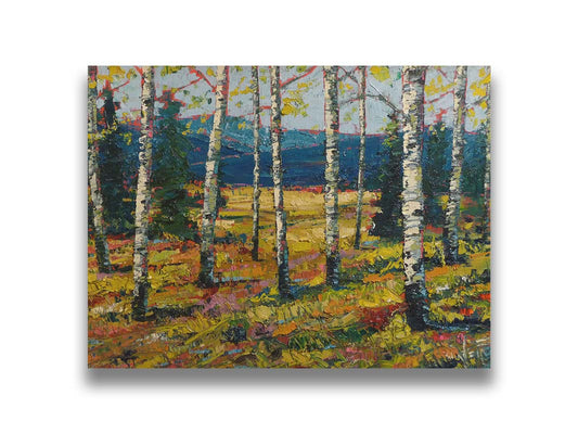 An expressive painting of a forest of birch trees, with vibrant green leaves. Printed on canvas.