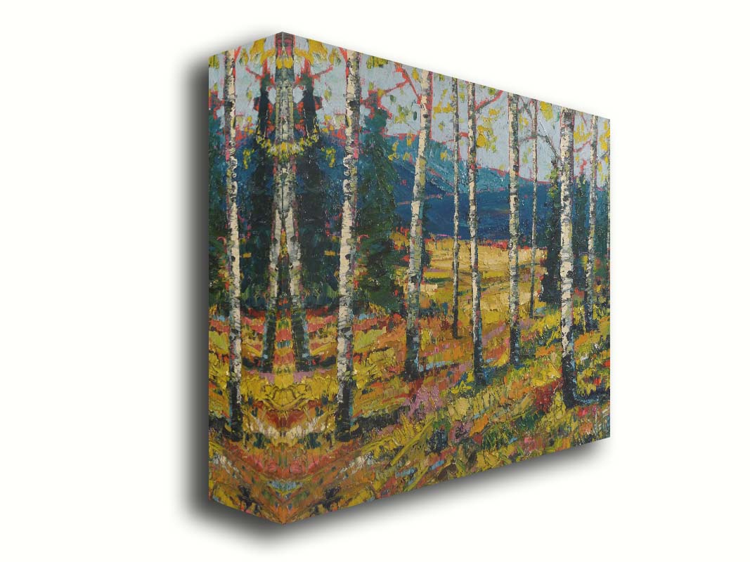 An expressive painting of a forest of birch trees, with vibrant green leaves. Printed on canvas.