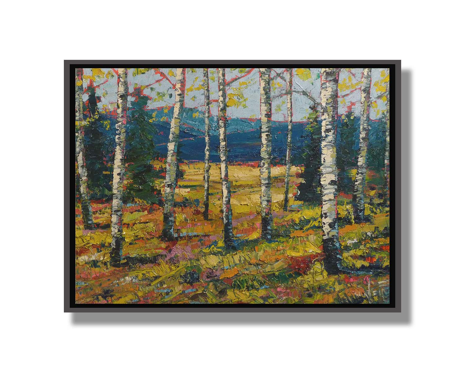 An expressive painting of a forest of birch trees, with vibrant green leaves. Printed on canvas in a float frame.