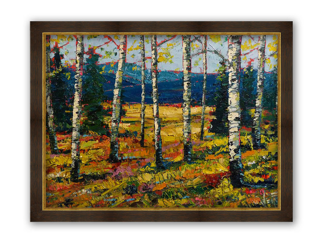 An expressive painting of a forest of birch trees, with vibrant green leaves. Printed on canvas and framed.