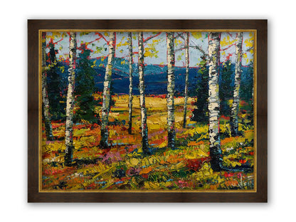 An expressive painting of a forest of birch trees, with vibrant green leaves. Printed on canvas and framed.