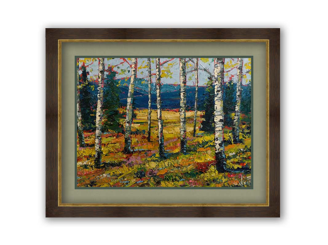 An expressive painting of a forest of birch trees, with vibrant green leaves. Printed on paper, matted, and framed.