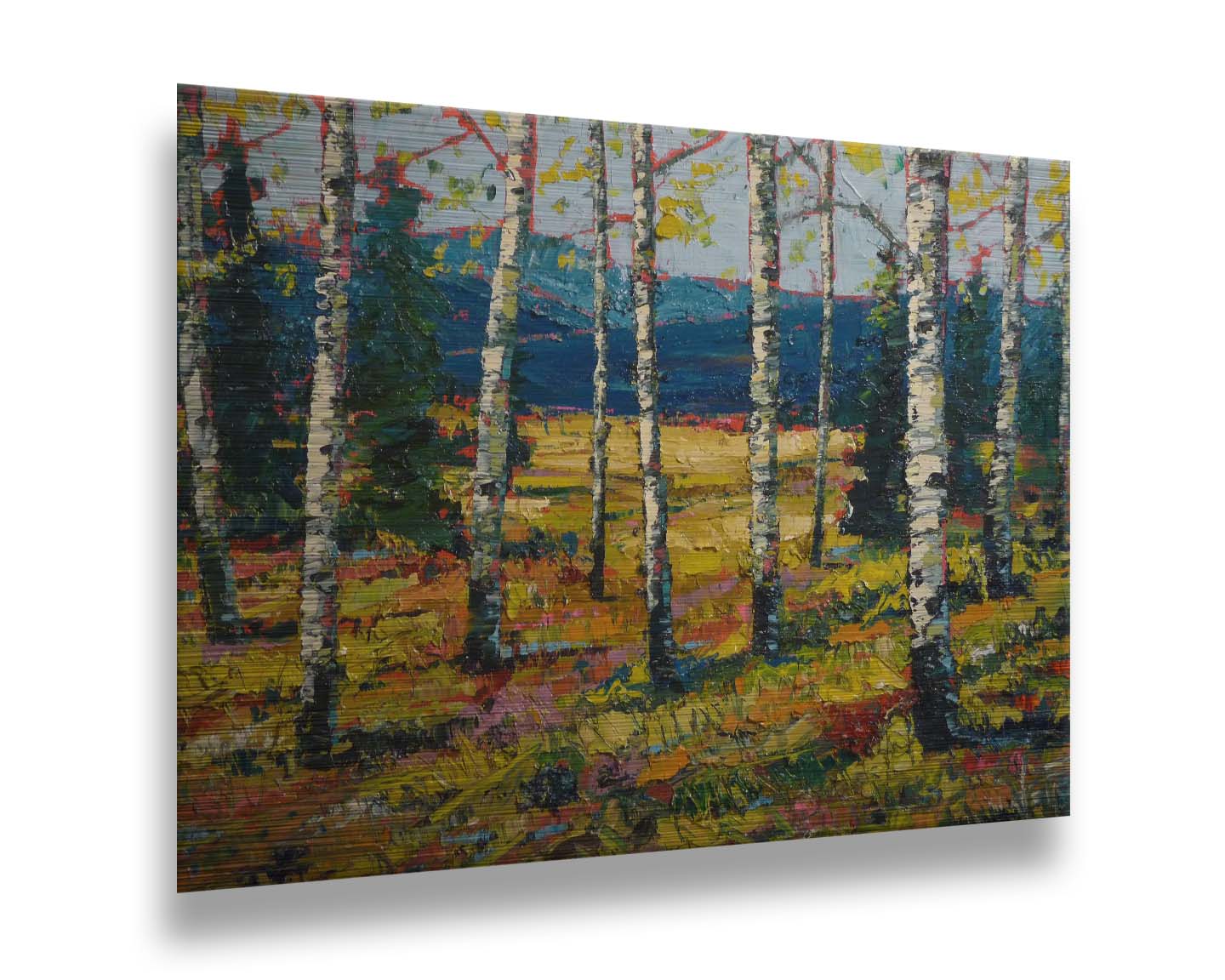 An expressive painting of a forest of birch trees, with vibrant green leaves. Printed in metal.