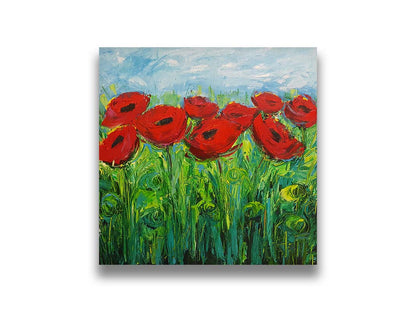 A painting of a cluster of red poppy flowers, with swirling abstract stems and leaves. Printed on canvas.