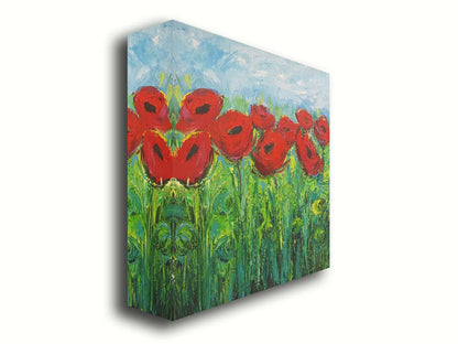 A painting of a cluster of red poppy flowers, with swirling abstract stems and leaves. Printed on canvas.