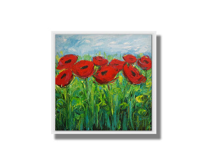 A painting of a cluster of red poppy flowers, with swirling abstract stems and leaves. Printed on canvas in a float framed.