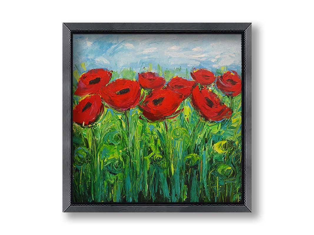 A painting of a cluster of red poppy flowers, with swirling abstract stems and leaves. Printed on canvas and framed.