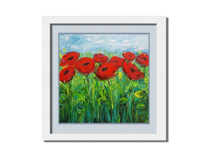 A painting of a cluster of red poppy flowers, with swirling abstract stems and leaves. Printed on paper, matted, and framed.