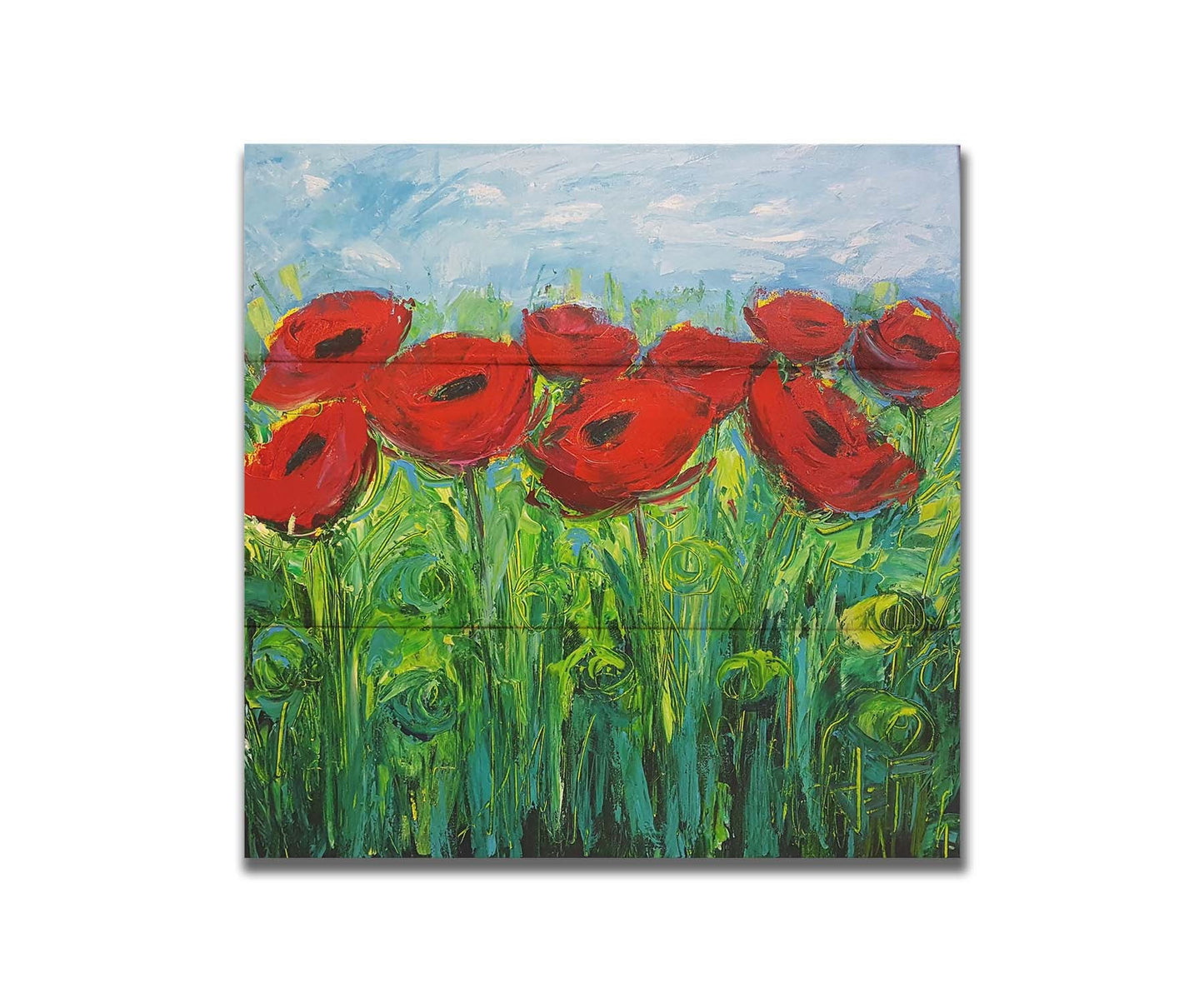 A painting of a cluster of red poppy flowers, with swirling abstract stems and leaves. Printed on a box board.