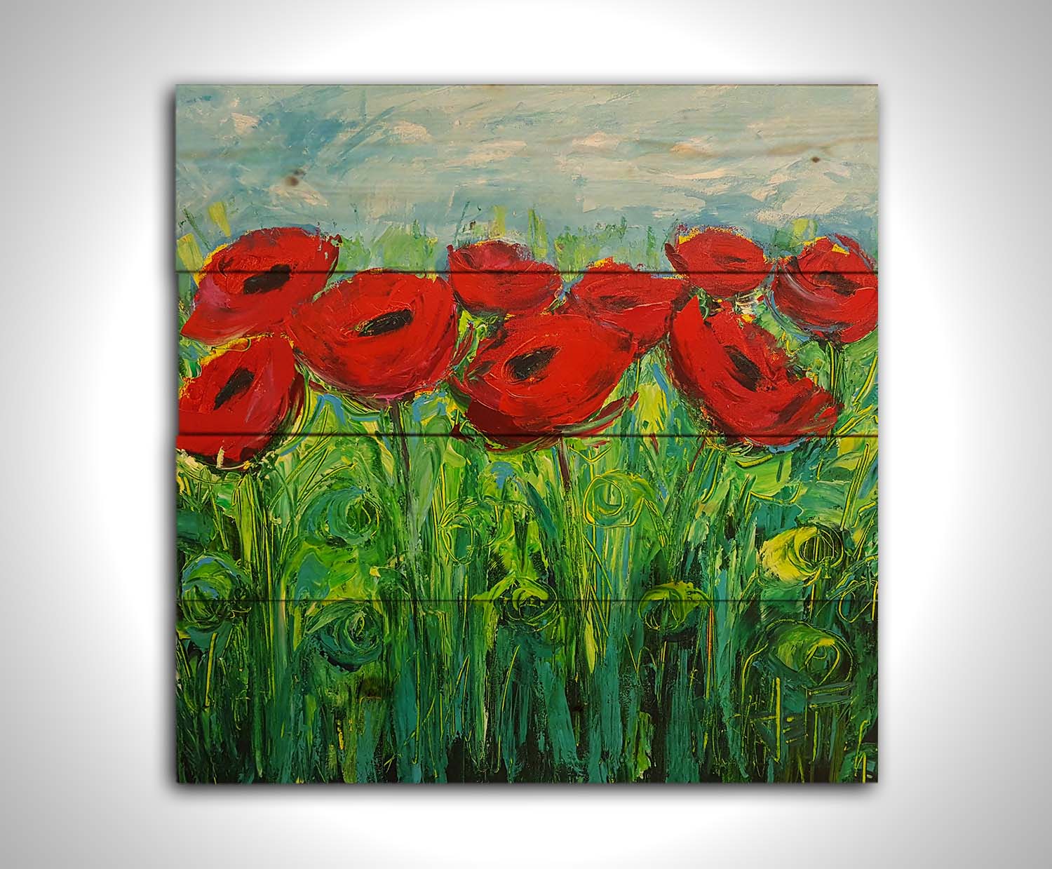 A painting of a cluster of red poppy flowers, with swirling abstract stems and leaves. Printed on a wood pallet.