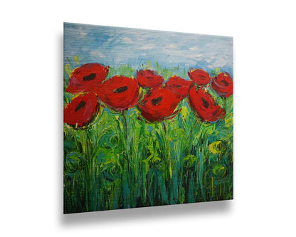 A painting of a cluster of red poppy flowers, with swirling abstract stems and leaves. Printed on metal.