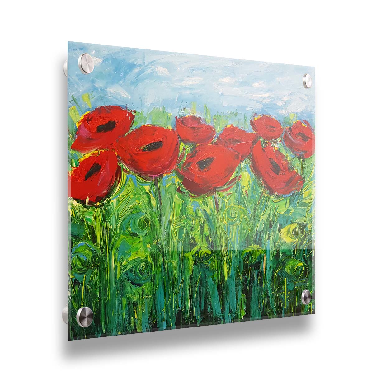 A painting of a cluster of red poppy flowers, with swirling abstract stems and leaves. Printed on acrylic.