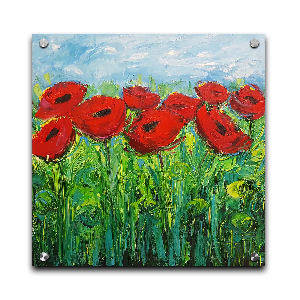 A painting of a cluster of red poppy flowers, with swirling abstract stems and leaves. Printed on acrylic.