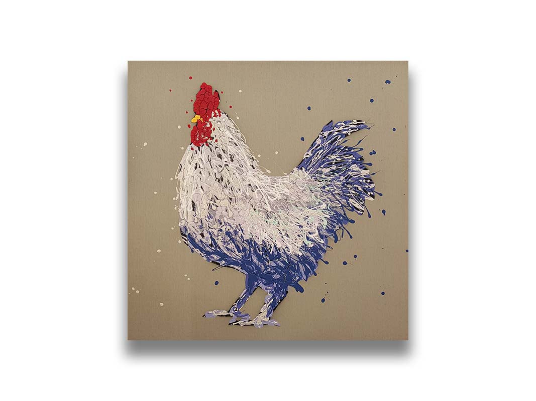 A drip painting of a white and blue chicken on a brown background. Printed on canvas.