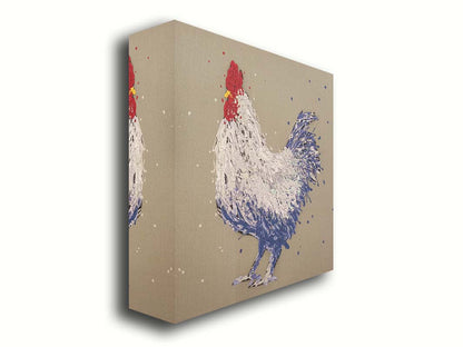 A drip painting of a white and blue chicken on a brown background. Printed on canvas.