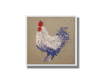 A drip painting of a white and blue chicken on a brown background. Printed on canvas in a float frame.