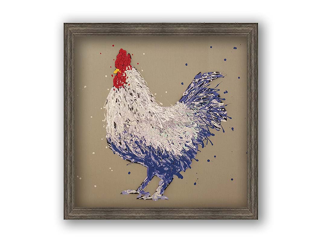 A drip painting of a white and blue chicken on a brown background. Printed on canvas and framed.