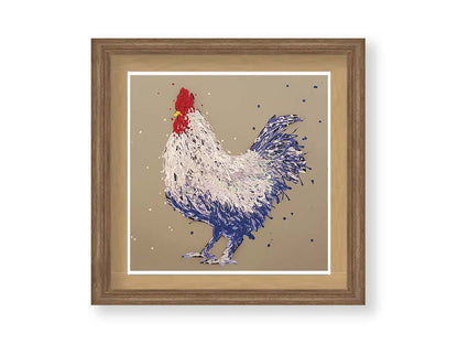 A drip painting of a white and blue chicken on a brown background. Printed on paper, matted, and framed.