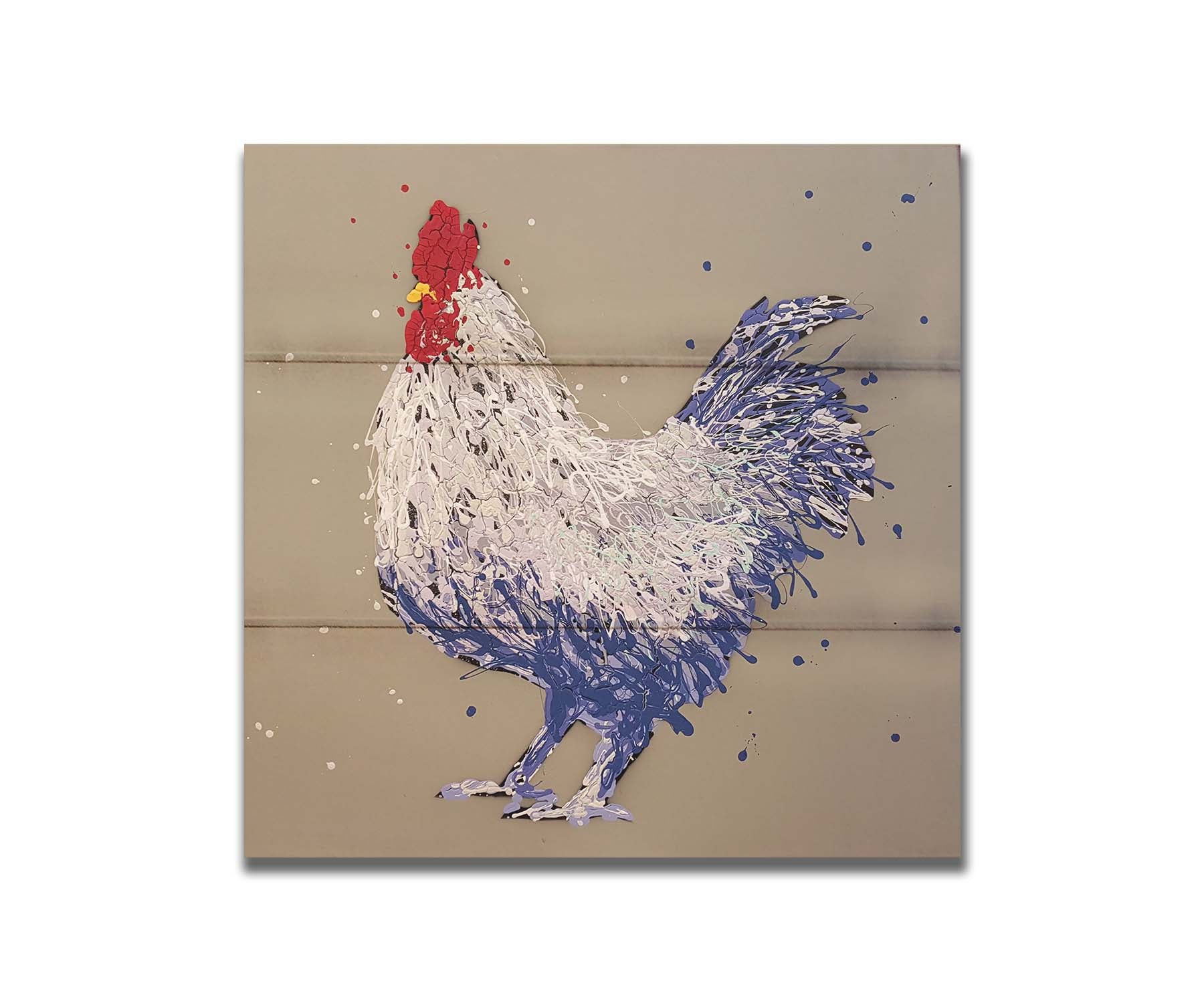 A drip painting of a white and blue chicken on a brown background. Printed on a box board.