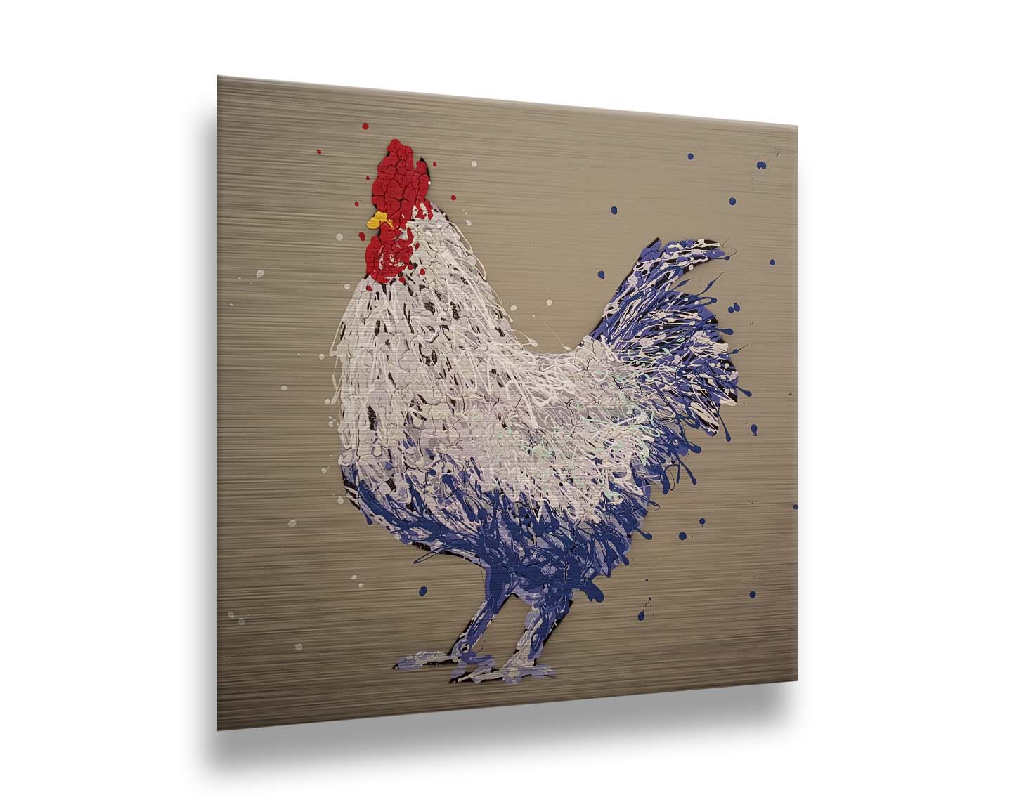 A drip painting of a white and blue chicken on a brown background. Printed on metal.