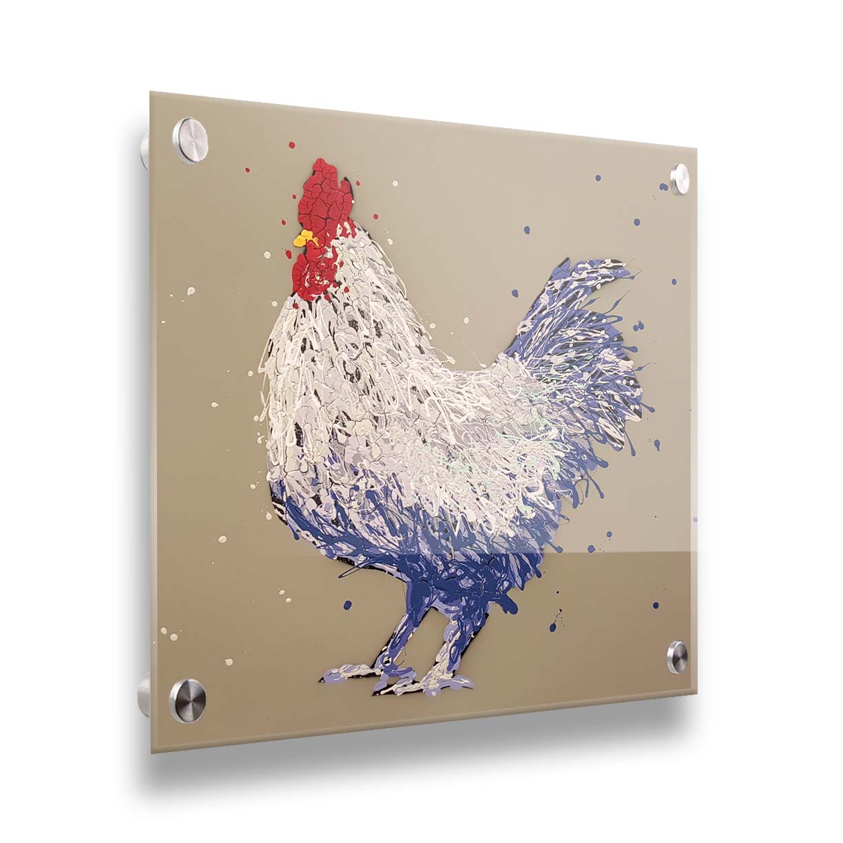 A drip painting of a white and blue chicken on a brown background. Printed on acrylic.