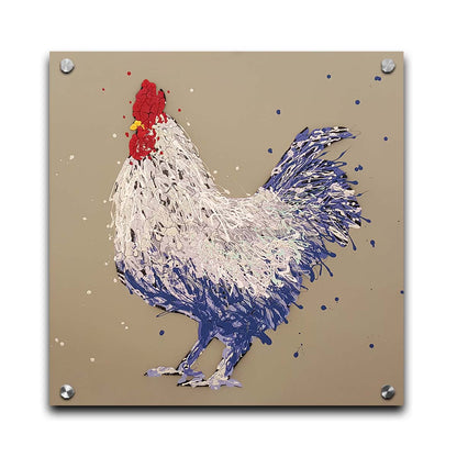 A drip painting of a white and blue chicken on a brown background. Printed on acrylic.