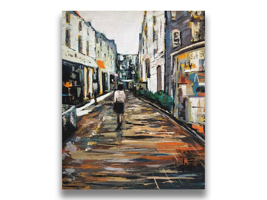 An expressive painting of a wet street lined with buildings, reflecting their colors. It is painted with highly textured, visible brushstrokes. Printed on canvas.