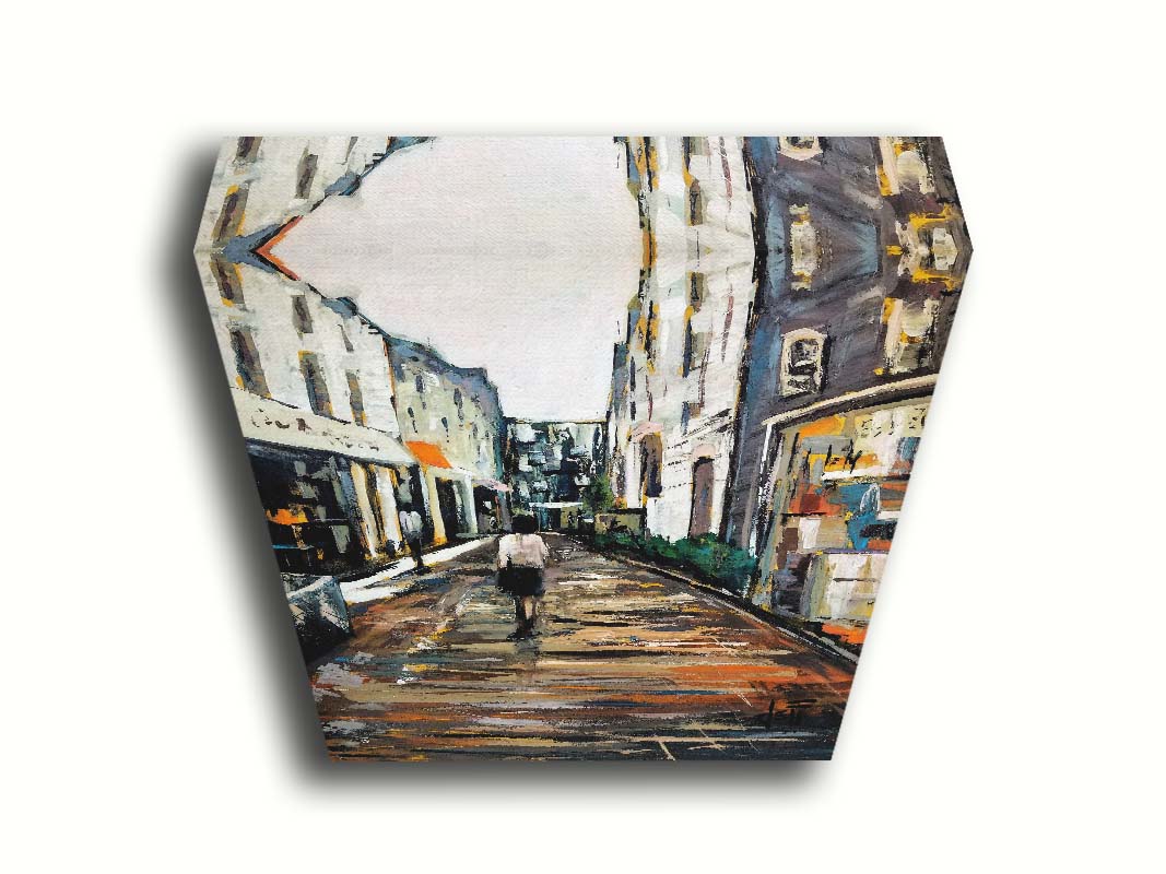 An expressive painting of a wet street lined with buildings, reflecting their colors. It is painted with highly textured, visible brushstrokes. Printed on canvas.