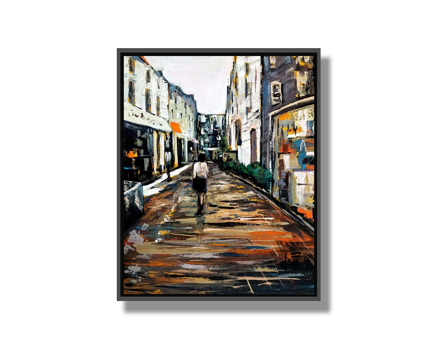 An expressive painting of a wet street lined with buildings, reflecting their colors. It is painted with highly textured, visible brushstrokes. Printed on canvas in a float frame.