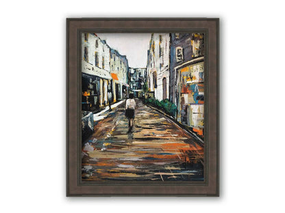 An expressive painting of a wet street lined with buildings, reflecting their colors. It is painted with highly textured, visible brushstrokes. Printed on canvas and framed.