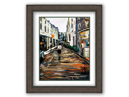 An expressive painting of a wet street lined with buildings, reflecting their colors. It is painted with highly textured, visible brushstrokes. Printed on paper, matted, and framed.