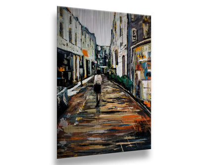 An expressive painting of a wet street lined with buildings, reflecting their colors. It is painted with highly textured, visible brushstrokes. Printed on metal.