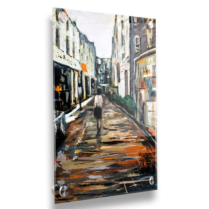 An expressive painting of a wet street lined with buildings, reflecting their colors. It is painted with highly textured, visible brushstrokes. Printed on acrylic.