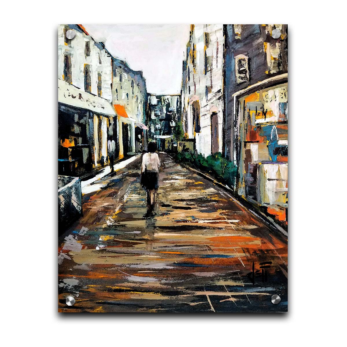 An expressive painting of a wet street lined with buildings, reflecting their colors. It is painted with highly textured, visible brushstrokes. Printed on acrylic.