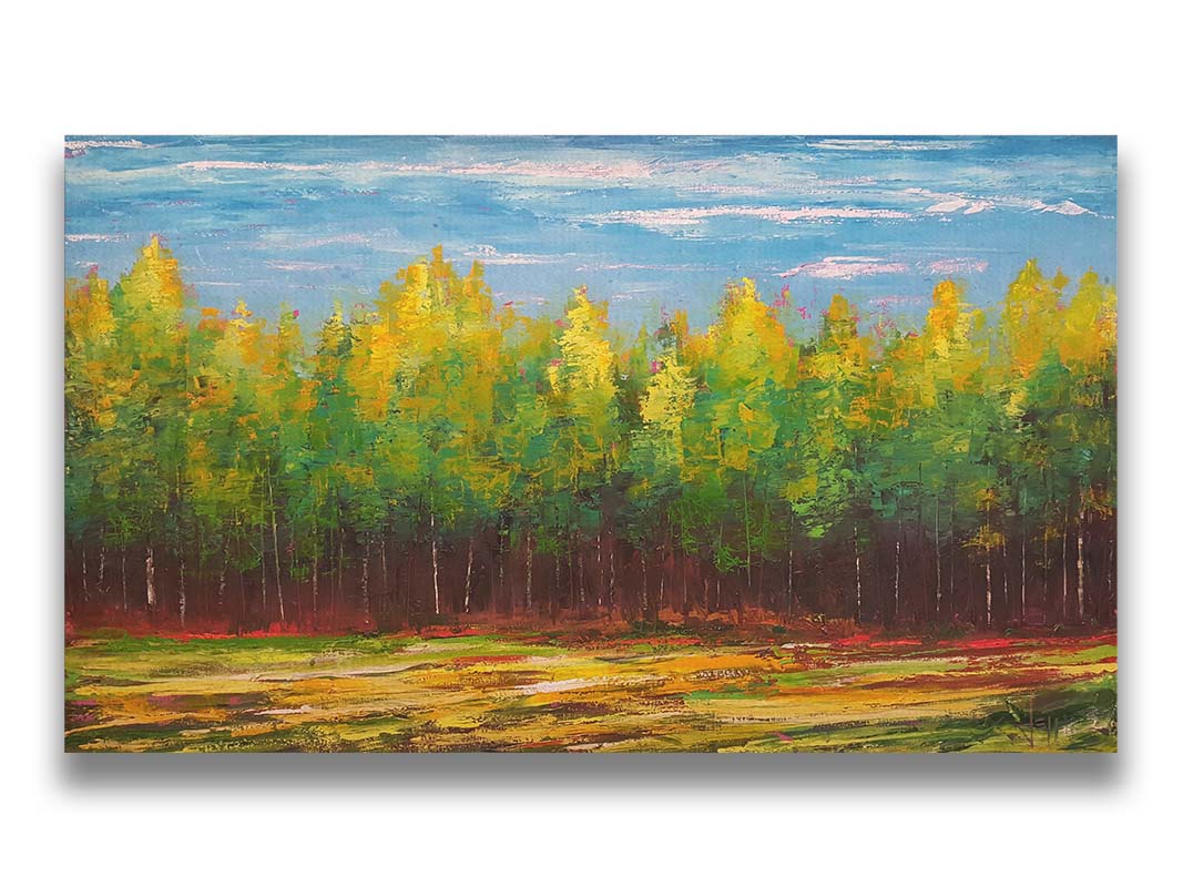 A painting of a grove of bright green birch trees along the horizon. Printed on canvas.