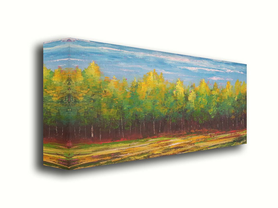 A painting of a grove of bright green birch trees along the horizon. Printed on canvas.