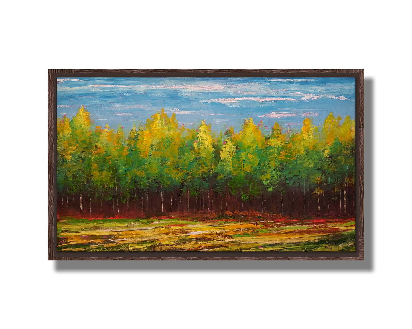 A painting of a grove of bright green birch trees along the horizon. Printed on canvas in a float frame.