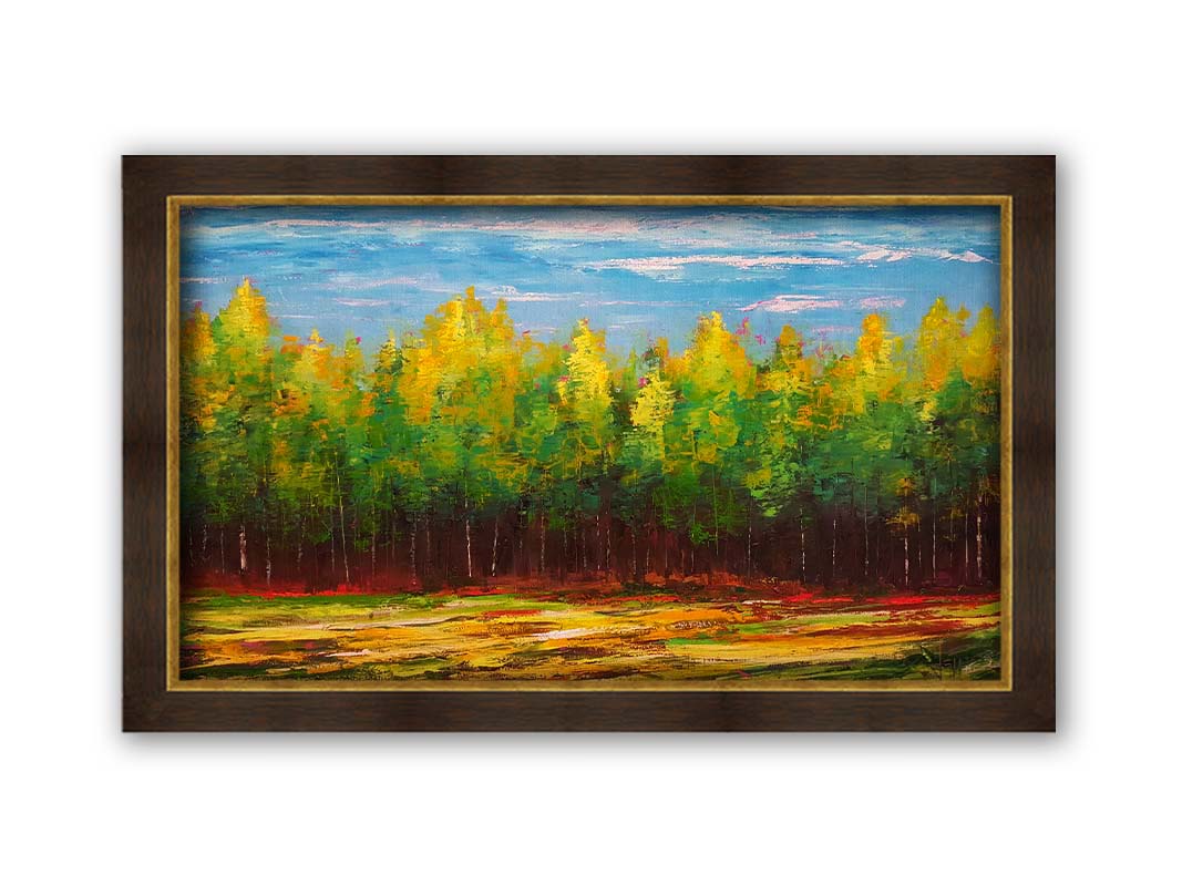 A painting of a grove of bright green birch trees along the horizon. Printed on canvas and framed.